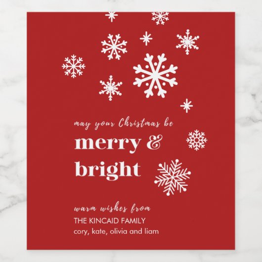 Classic Red & White Snowflake Holiday Wine Label Wijn Etiket (Enkel label)