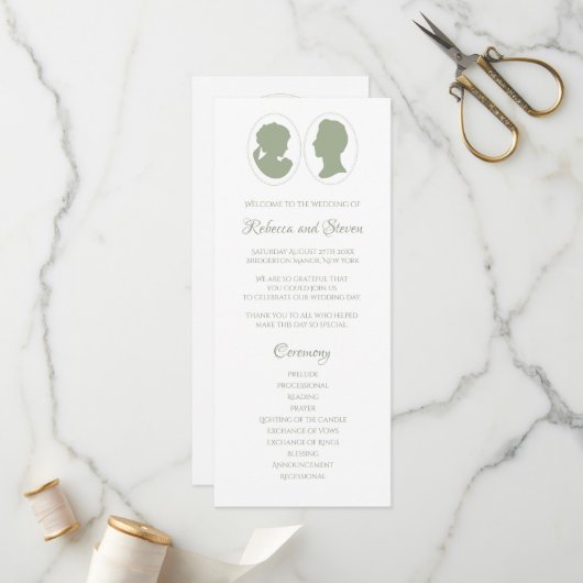Classic Regency Green Cameo Wedding Ceremony Programmakaart (Voorkant / Achterkant in situ)
