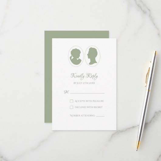 Classic Regency Green Cameo Wedding RSVP Kaartje (Voorkant / Achterkant in situ)