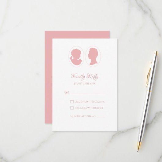 Classic Regency Pink Cameo Wedding RSVP Kaartje (Voorkant / Achterkant in situ)