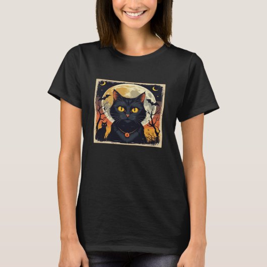 Classic Retro Black Cat Halloween T-Shirt Classic  (Voorkant)