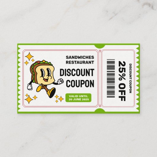 Classic Retro Quirky Cartoon Sandwich personage Kortingskaartje (Voorkant)
