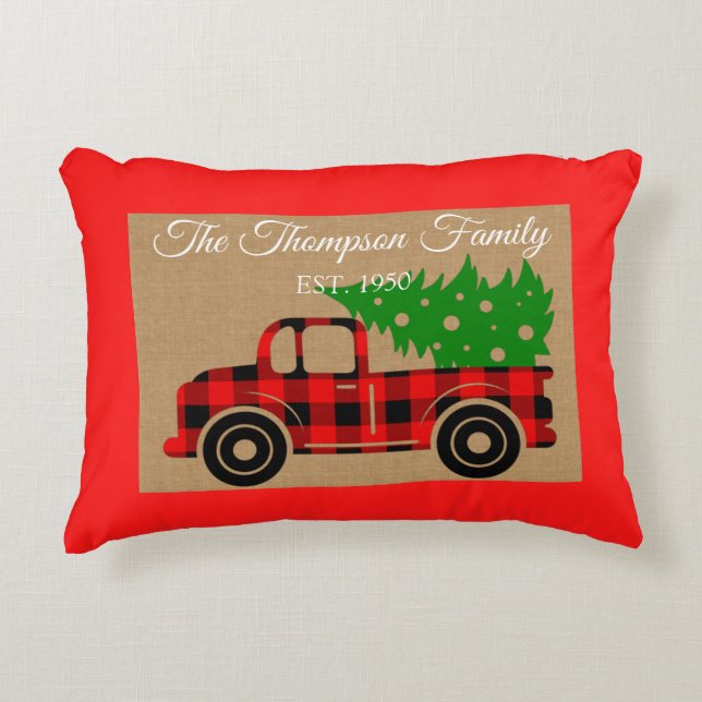 Classic retro red truck familienaam burlap Xmas Accent Kussen (Voorkant)