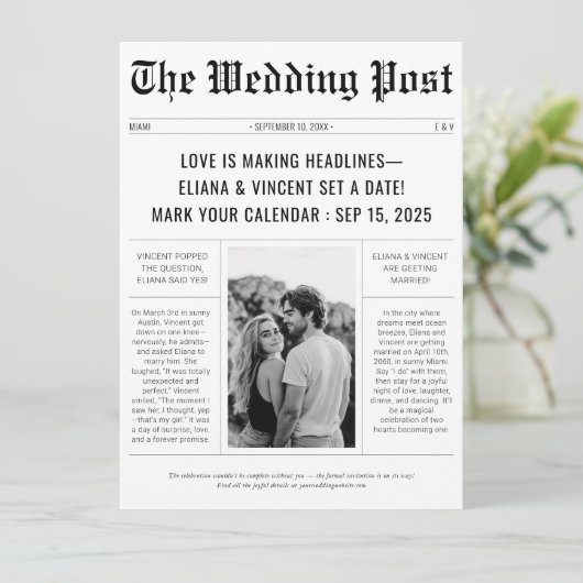 Classic Retro Trouwkrant Foto Save The Date (Staand voorkant)