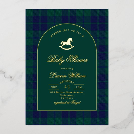 Classic Rocking Horse Green Plaid Baby shower Folie Uitnodiging (Voorkant)