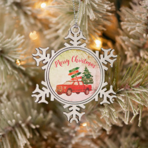 Classic  Rode Truck Familienaam Kerst Tin Sneeuwvlok Ornament