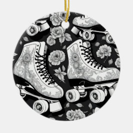Classic roller schaatsen, rozen, zwart en wit keramisch ornament