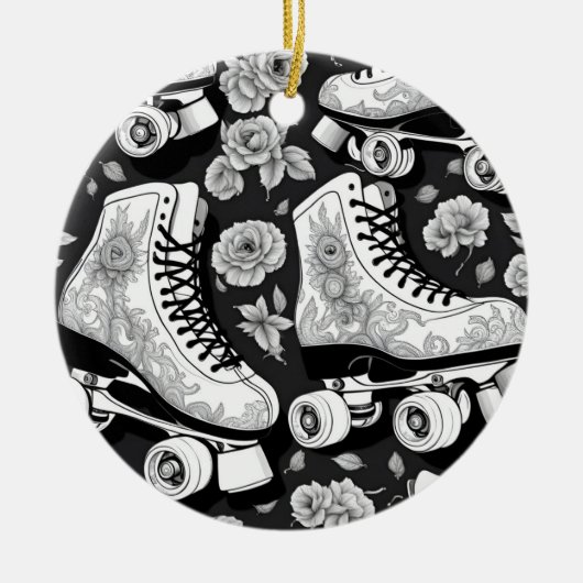 Classic roller schaatsen, rozen, zwart en wit keramisch ornament (Voorkant)