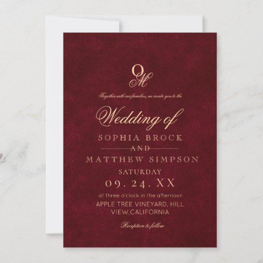 Classic Romantic Minimal Burgundy Monogram Wedding Kaart (Voorkant)