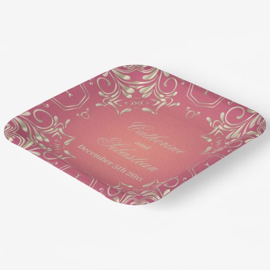Classic Romantisch Goud Roze  Border Bruiloft Papieren Bordje (Gebogen)