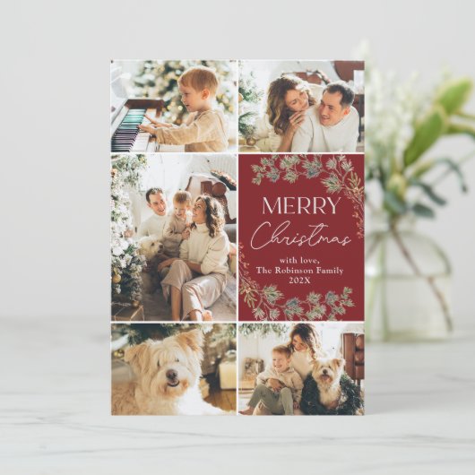 Classic Rood 5 Foto Kerstmis Groeten Kaart (Staand voorkant)