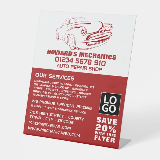 Classic Rood, Auto Mechanic & Reparaties Advertere Reclamebord Met Voetstuk (Voorkant)