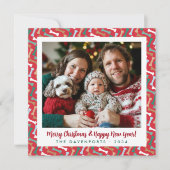 Classic Rood & Blauwgroen Hondenbot Patroon Famili Feestdagenkaart (Voorkant)