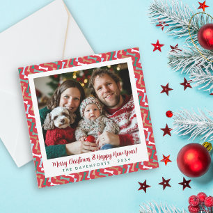 Classic Rood & Blauwgroen Hondenbot Patroon Famili Feestdagenkaart