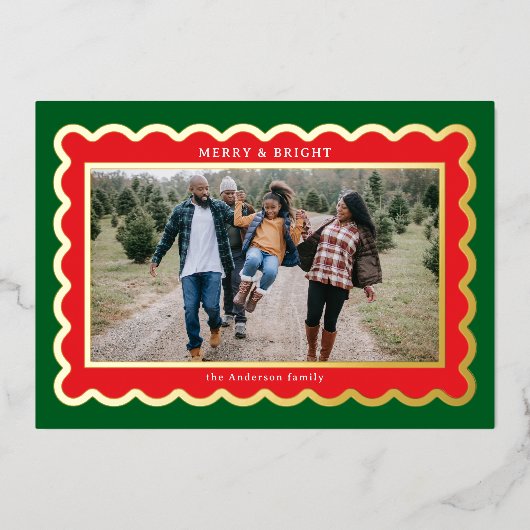 Classic Rood en Groen Preppy Scallop Foto Lijst Folie Feestdagenkaart (Voorkant)