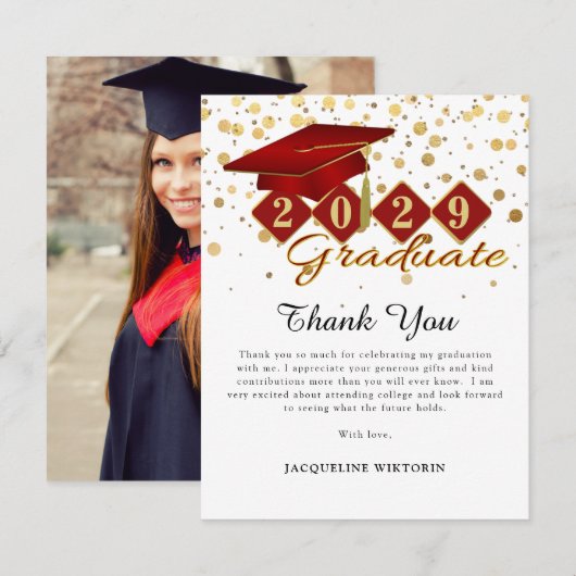 Classic Rood Goud Afstuderen Foto Bedankkaart (Voorkant / Achterkant)