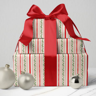 Classic Rood & Groen  Cottage Stripe Bloemen Cadeaupapier