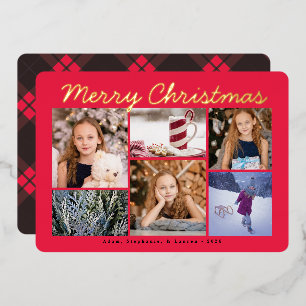 Classic Rood Plaid Merry Christmas Folie Fotokaart Feestdagenkaart