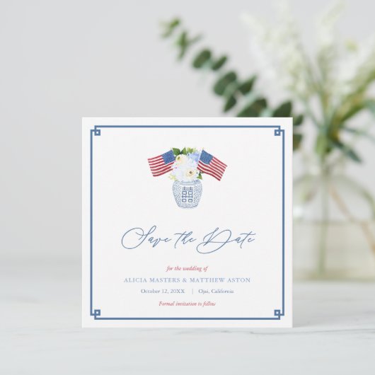 Classic Rood Wit Blauw USA Vlag Ginger Jar Bruilof Save The Date (Staand voorkant)
