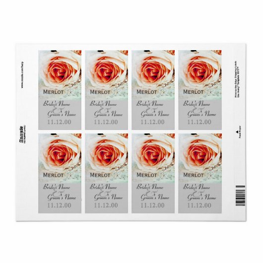 Classic roos bruiloft wijnfles label (Full Sheet)