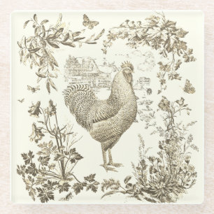 Classic  Rooster Beige Bloemen Toile Glazen Onderzetter