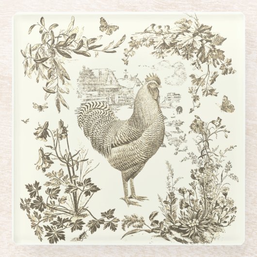 Classic Rooster Beige Bloemen Toile Glazen Onderzetter (Voorkant)