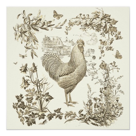 Classic  Rooster Beige Bloemen Toile Perfect Poster (Voorkant)