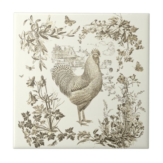 Classic  Rooster Beige Bloemen Toile Tegeltje (Voorkant)