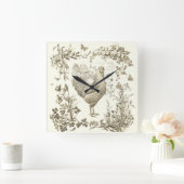 Classic  Rooster Beige Bloemen Toile Vierkante Klok (Huis)