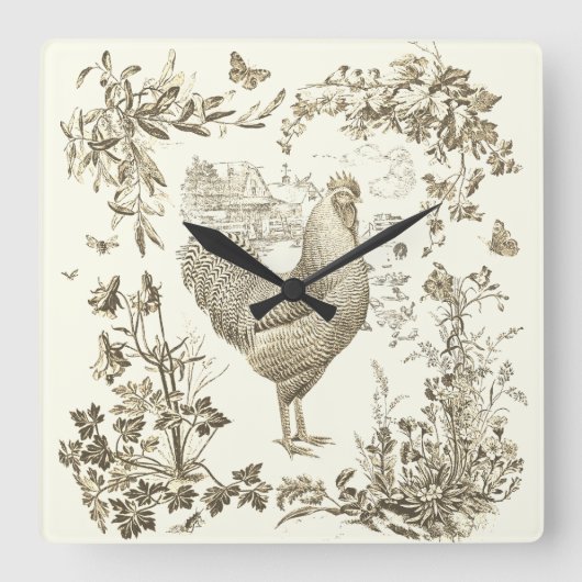 Classic  Rooster Beige Bloemen Toile Vierkante Klok (Voorkant)