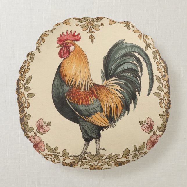 Classic,Rooster , Flowers Pattern, Vintage Rond Kussen (Voorkant)