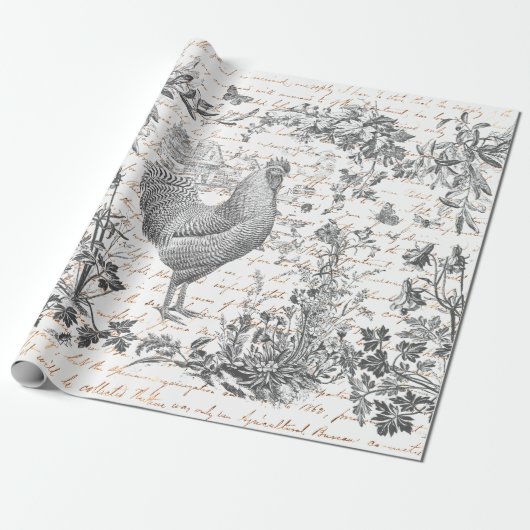Classic  Rooster Grijs Bloemen Script Cadeaupapier (Uitgerold)