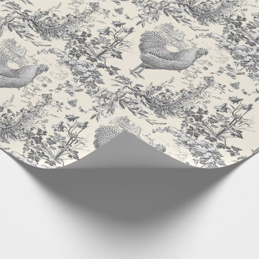 Classic Rooster Grijs Bloemen Toile Cadeaupapier (Hoek)
