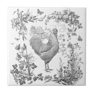 Classic  Rooster Grijs Bloemen Toile Tegeltje