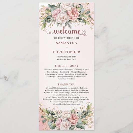 Classic Rose Gold Floral Greenery Wedding Program Programmakaart (Voorkant)