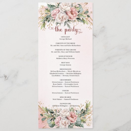 Classic Rose Gold Floral Greenery Wedding Program Programmakaart (Achterkant)