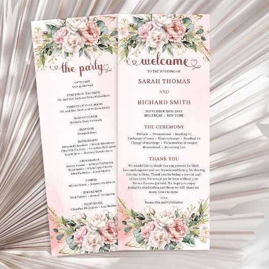 Classic Rose Gold Floral Greenery Wedding Program Programmakaart
