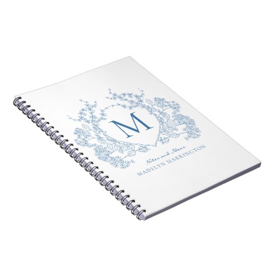 Classic Royal Blue Floral Crest Monogram Notitiebo Notitieboek (Rechterzijde)