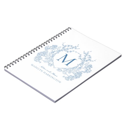 Classic Royal Blue Floral Crest Monogram Notitiebo Notitieboek (Linkerzijde)