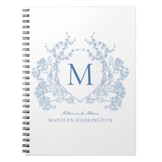 Classic Royal Blue Floral Crest Monogram Notitiebo Notitieboek (Voorkant)