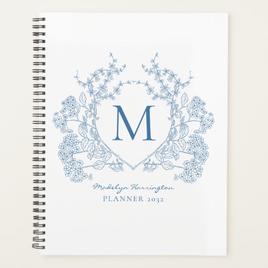 Classic Royal Blue  Floral Crest Monogram Planner (Voorkant)