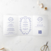Classic royal blue French floral QR code wedding Drieluik Uitnodiging (Binnen)
