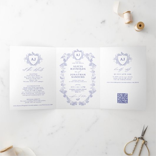 Classic royal blue French floral QR code wedding Drieluik Uitnodiging (Binnen)