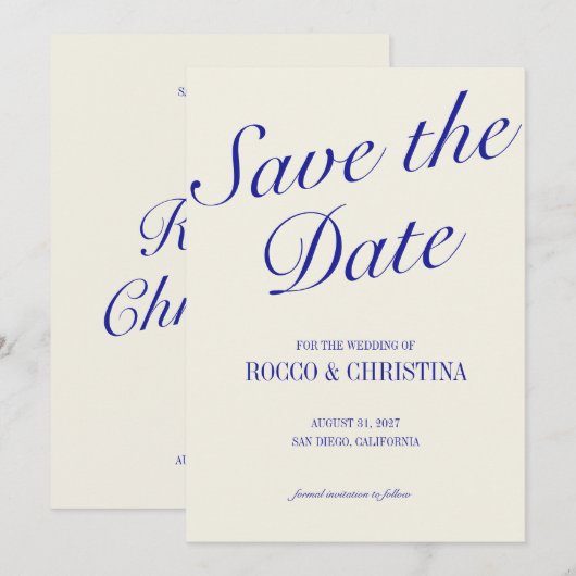 Classic Royal Blue Save the Date Kaart (Voorkant / Achterkant)