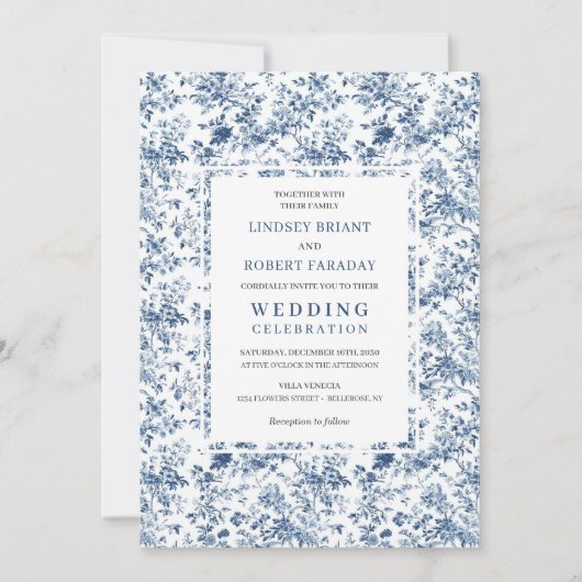 Classic Royal Blue Toile Wedding Invitation Style Kaart (Voorkant)