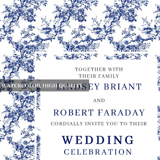 Classic Royal Blue Toile Wedding Invitation Style Kaart