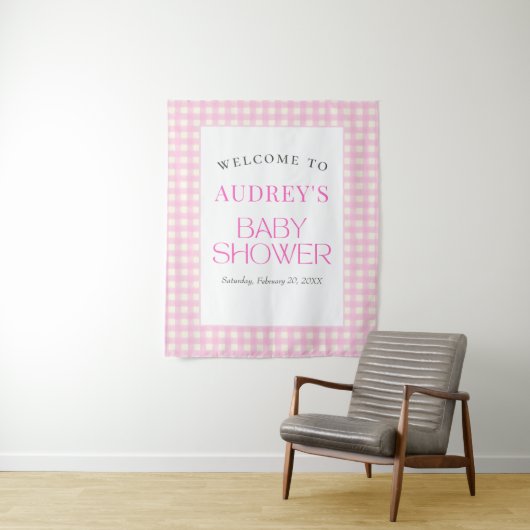 Classic roze gingham meisje Baby shower achtergron Wandkleed (In situ)