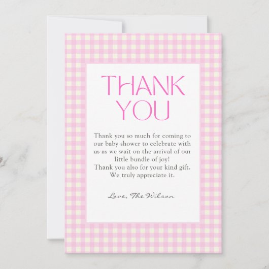 Classic Roze Gingham Meisje Baby shower Bedankkaart (Voorkant)