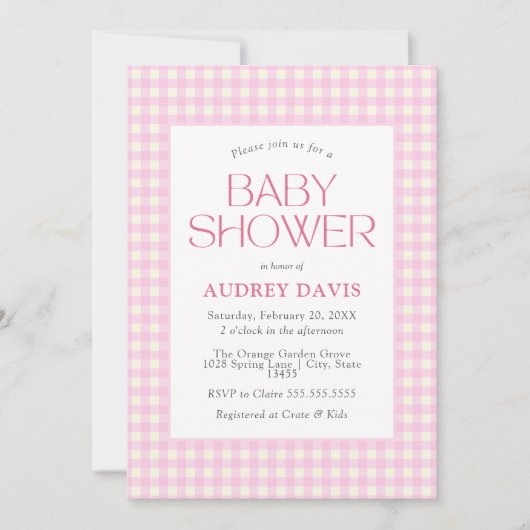 Classic Roze Gingham Meisje Baby shower Kaart (Voorkant)
