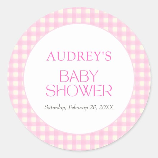 Classic Roze Gingham Meisje Baby shower Ronde Sticker (Voorkant)